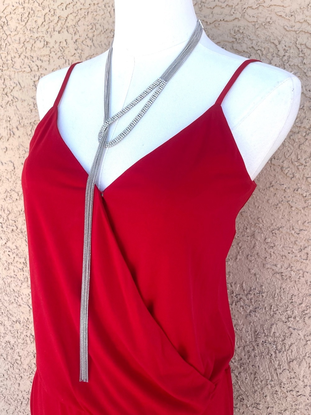 Silver Mesh Lariat Necklace Rhinestone Tassel Statement Piece